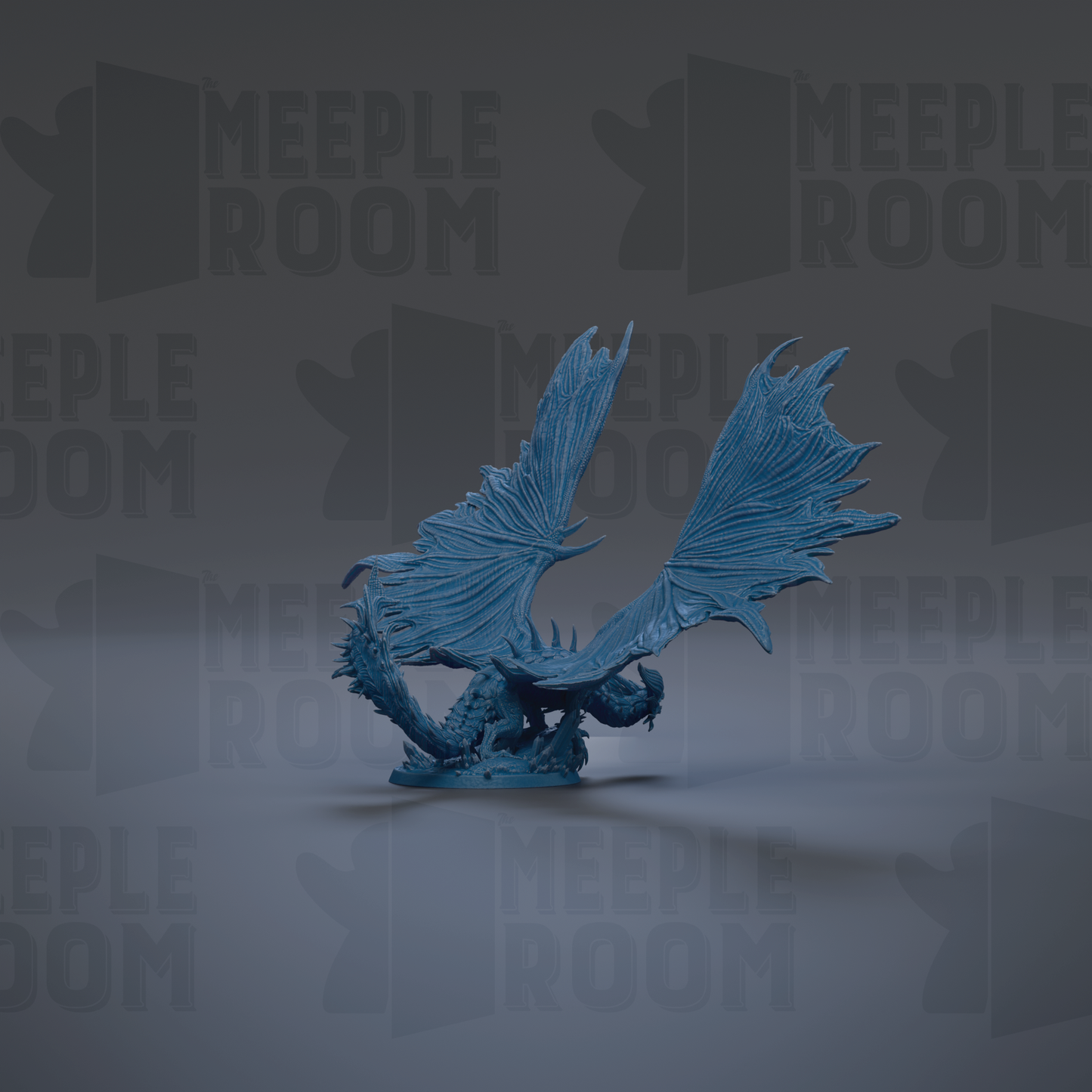 A blue dragon figurine with outstretched wings is the central focus of the image.