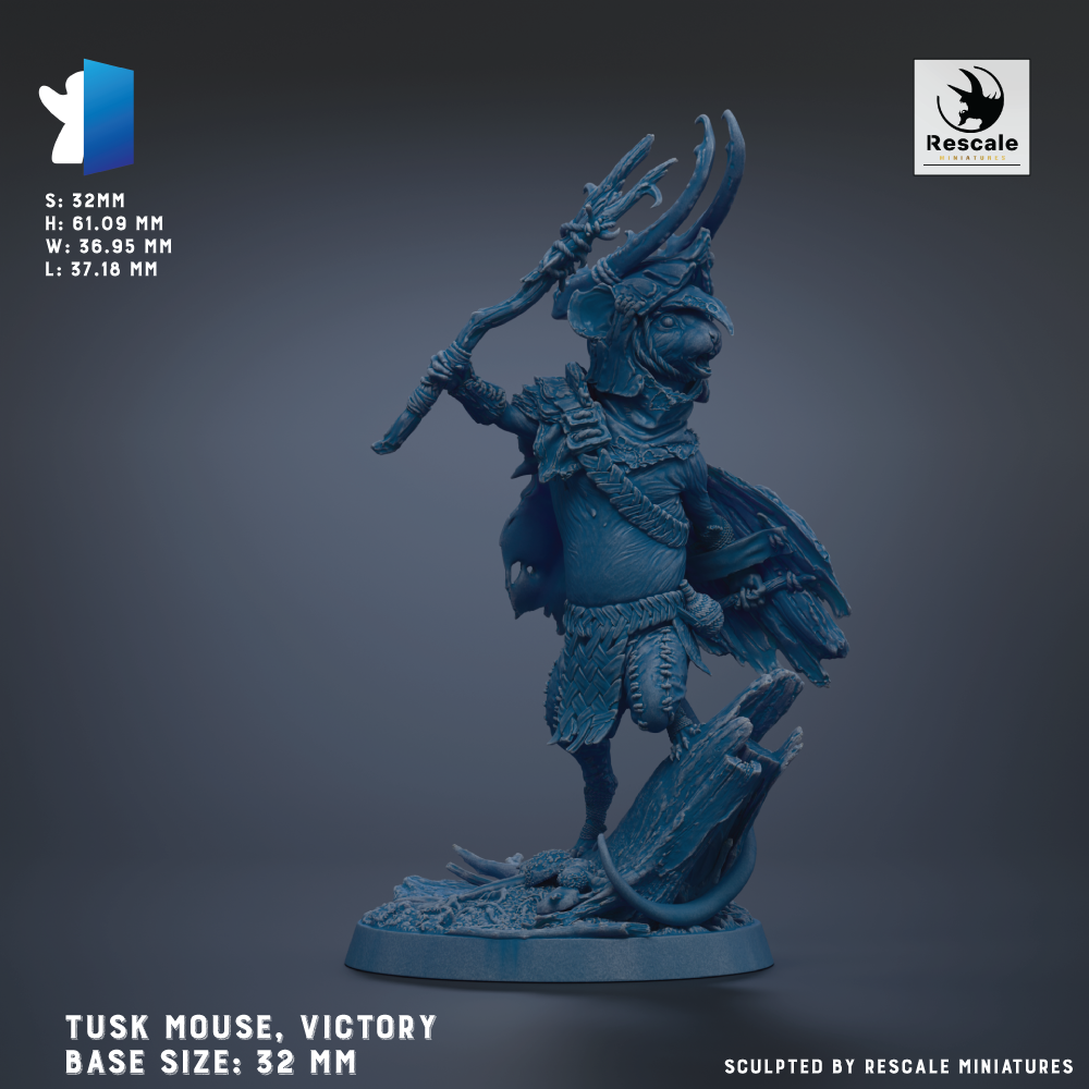 A blue figurine of a mouse-like creature with horns and a large weapon, standing on a rock formation. The figurine is described as a "Tusk Mouse, Victory" and is shown in a base size of 32 mm.