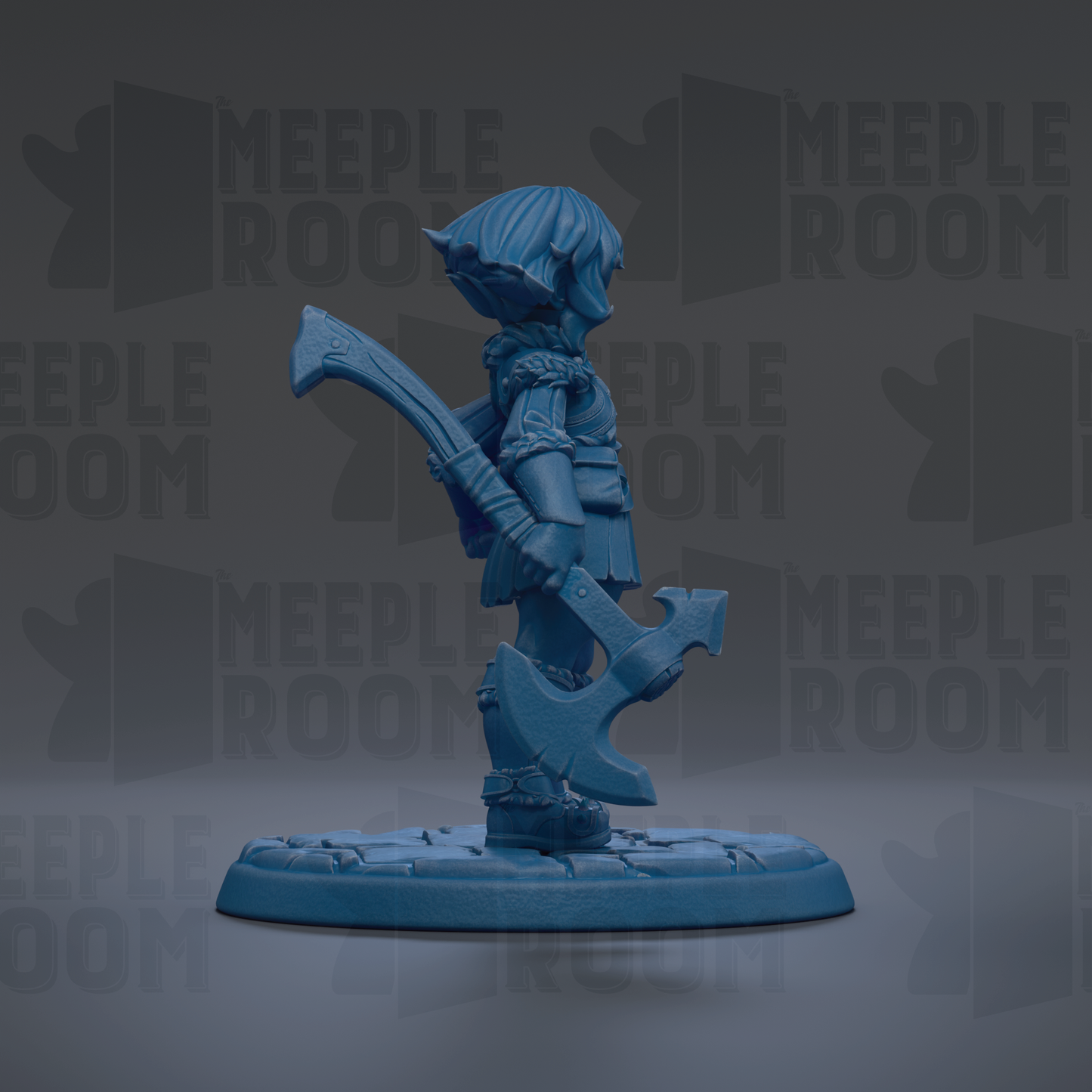 A blue figurine of a character holding a large weapon, standing on a platform against a dark background with repeated text.