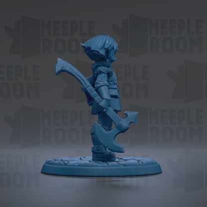 A blue figurine of a character holding a large weapon, standing on a platform against a dark background with repeated text.