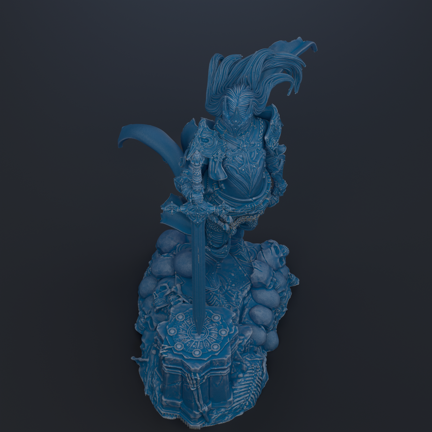 A detailed 3D rendering of a fantastical, winged creature with intricate armor and a flowing cape, set against a dark background.