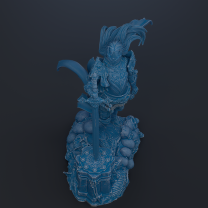 A detailed 3D rendering of a fantastical, winged creature with intricate armor and a flowing cape, set against a dark background.