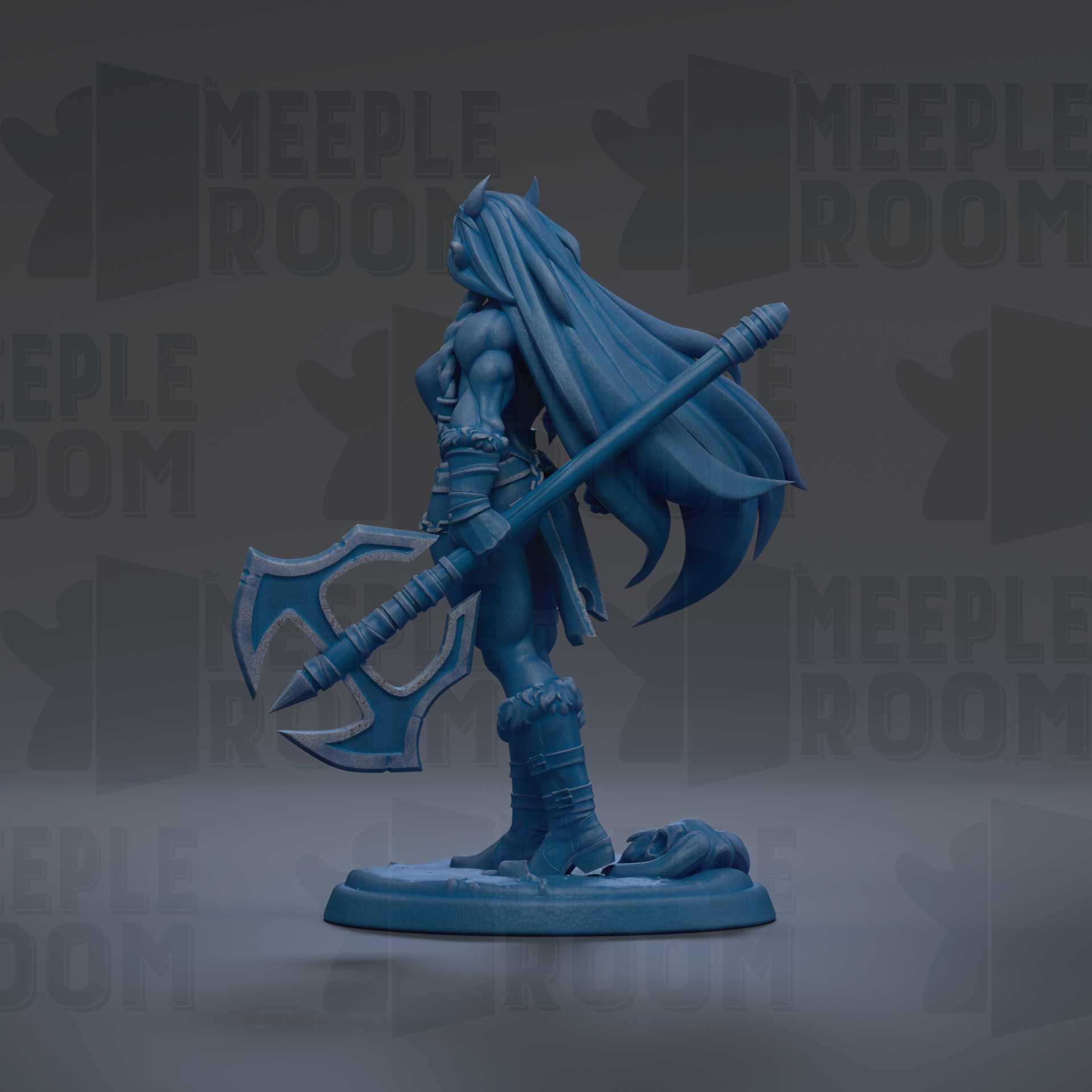 A blue figurine of a warrior standing with a large weapon in hand, against a dark background with repeated text.