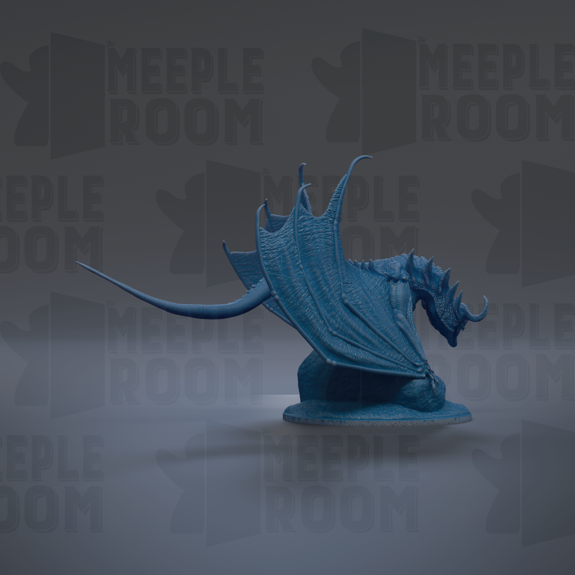 A blue dragon figurine is shown against a dark background with repeated text.