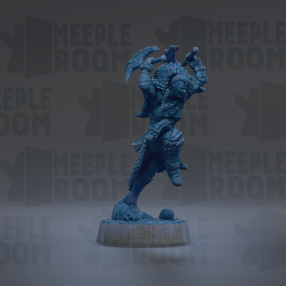 A blue figurine of a warrior figure with a raised fist and a spear, standing on a base.