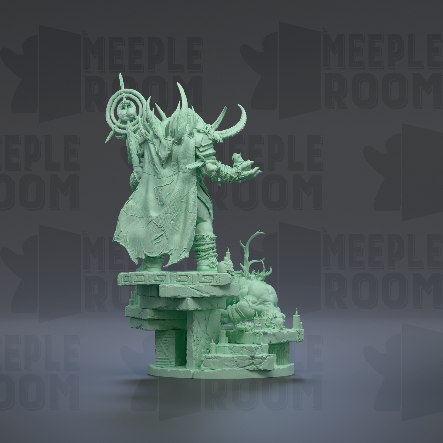 A green statue of a figure with horns and a staff, standing on a pedestal and holding a shield, against a dark background with repeated text.