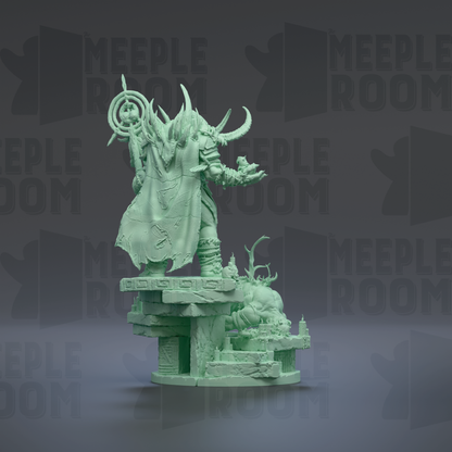 A green statue of a figure with horns and a staff, standing on a pedestal and holding a shield, against a dark background with repeated text.