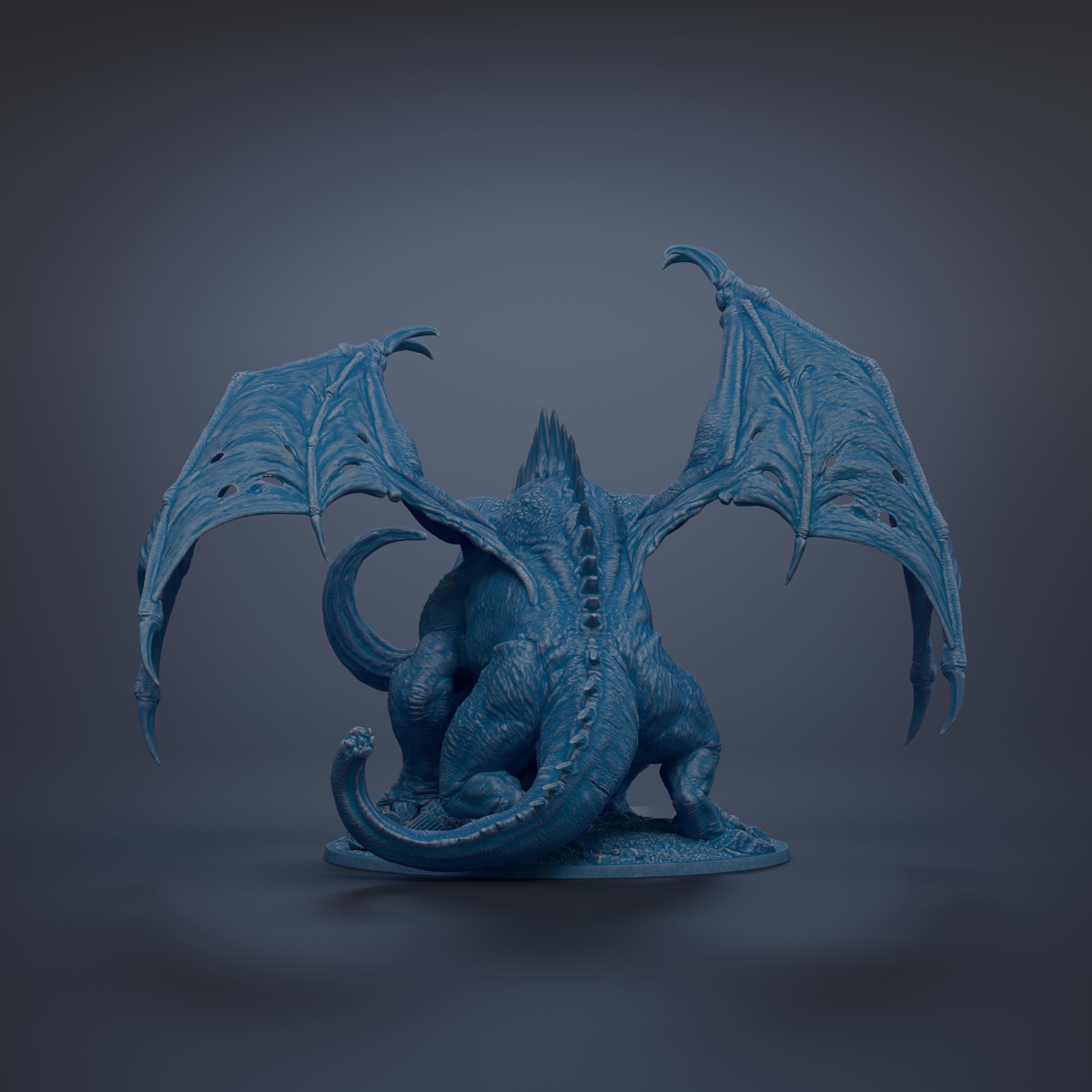 A blue dragon figurine with outstretched wings and sharp teeth is depicted against a dark background.