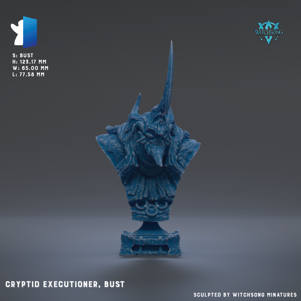 a bust of a mythical creature, specifically a Cryptid Executor, which is a type of fantasy creature with a combination of human and animal features. The bust is blue in color and is displayed against a dark background.