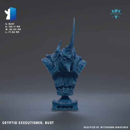 a bust of a mythical creature, specifically a Cryptid Executor, which is a type of fantasy creature with a combination of human and animal features. The bust is blue in color and is displayed against a dark background.