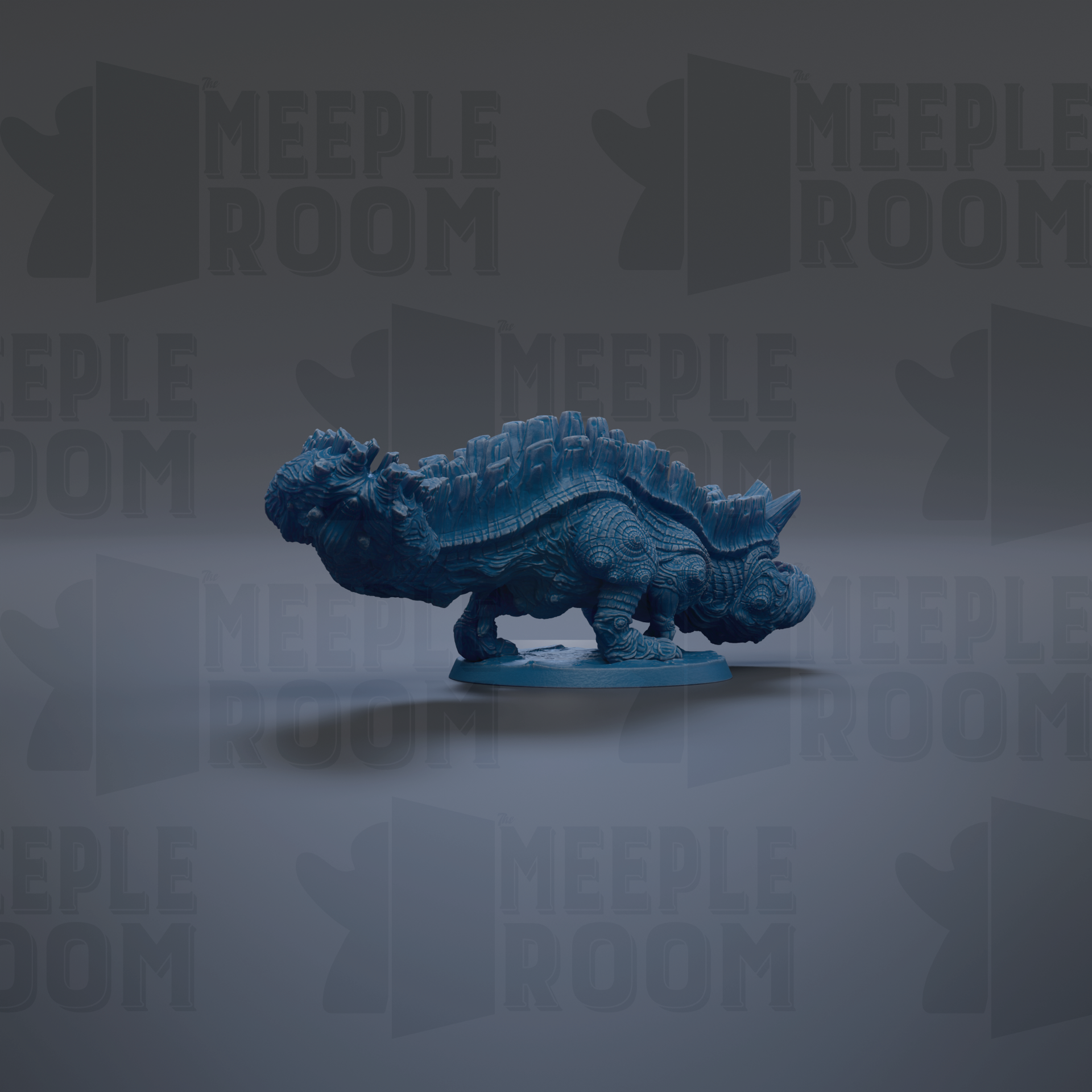 A blue figurine of a dragon-like creature is displayed against a dark background with repeated text.