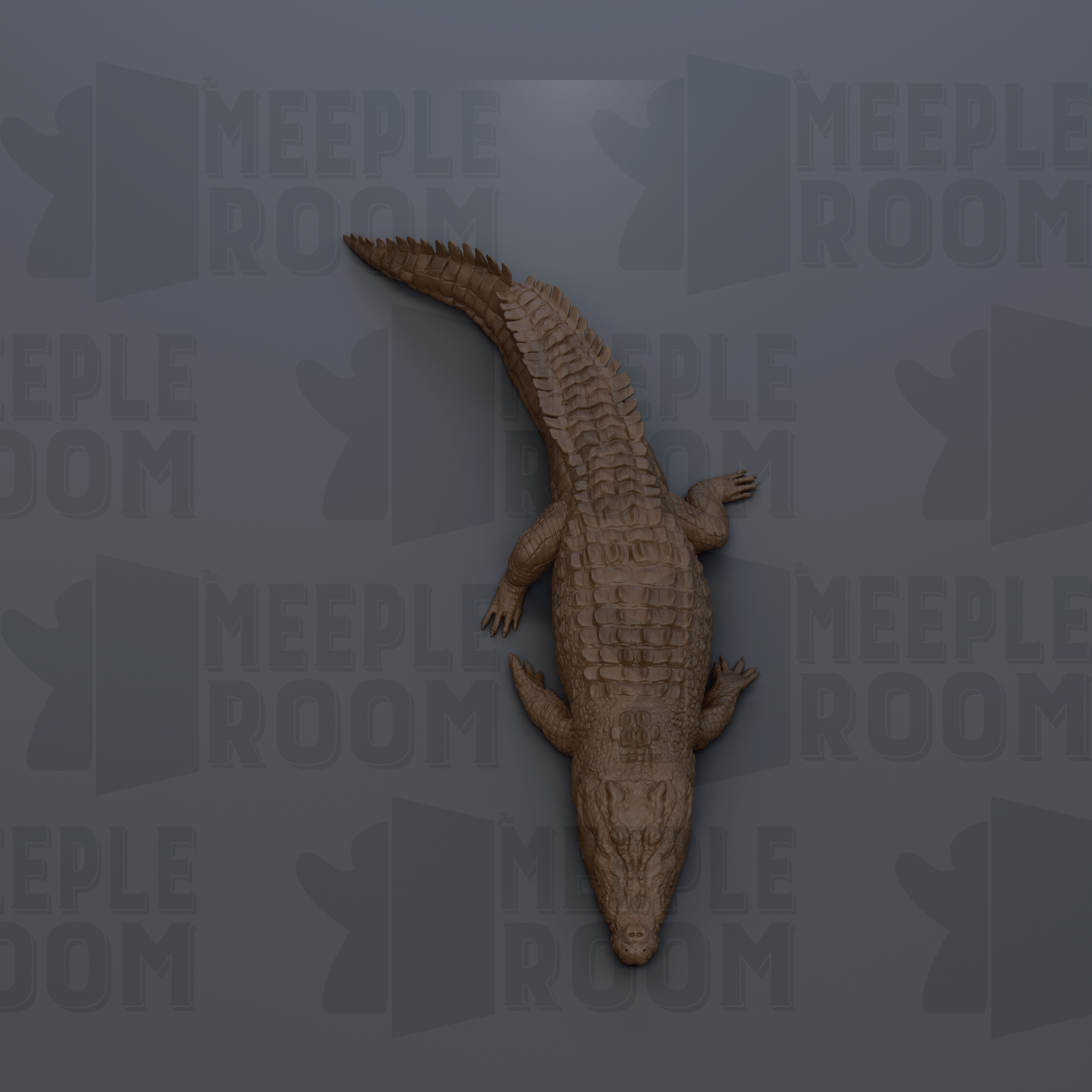 A 3D rendering of a crocodile against a gray background with repeated text.