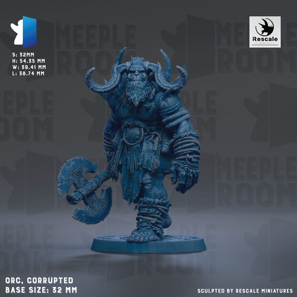 a large, blue-colored, horned warrior figurine with a large weapon, likely a sword, in its hand. The figurine is standing on a base and appears to be the focus of the image.