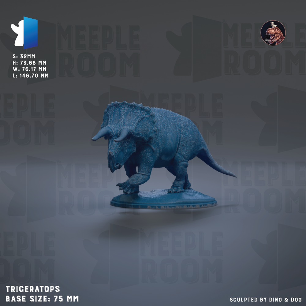 a blue toy triceratops figurine, with a base size of 75 mm.
