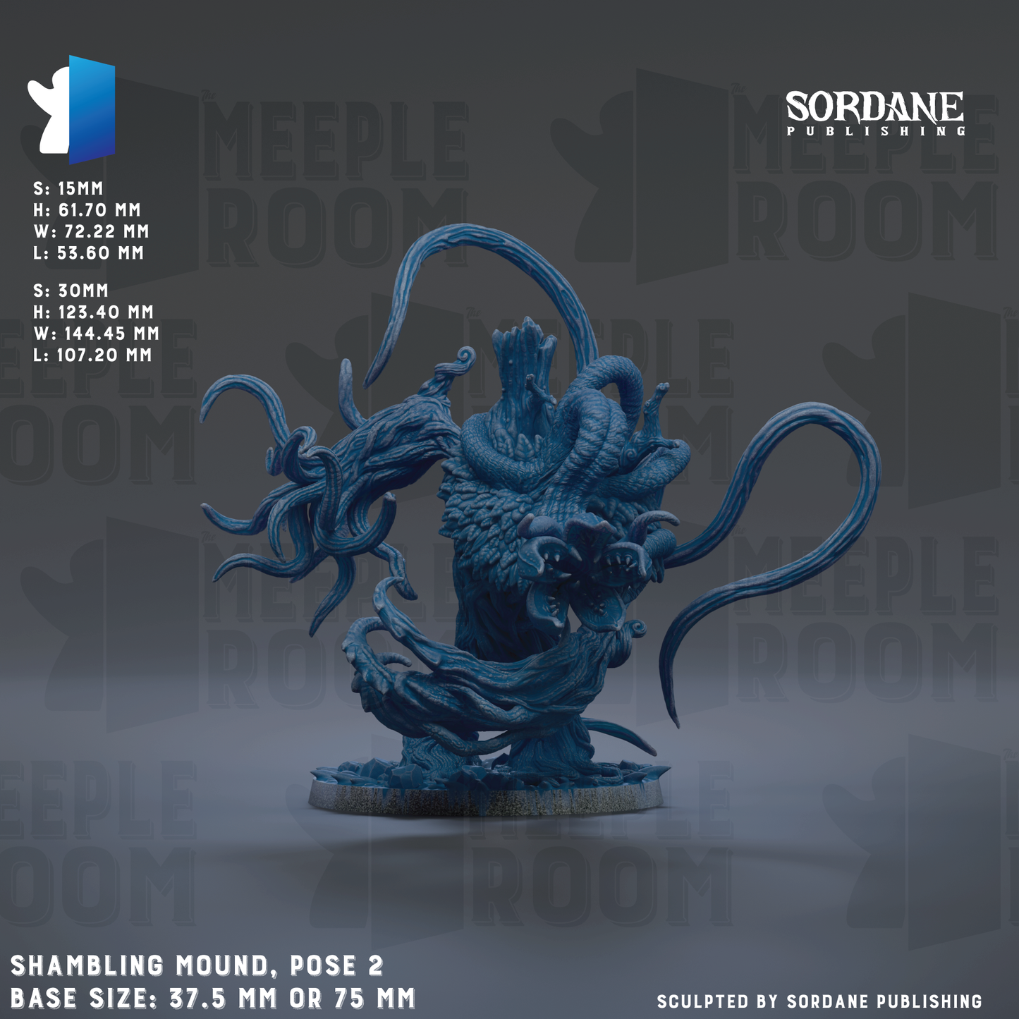 The image is a detailed sculpture of a large, blue, twisted creature with multiple tentacles, displayed on a base. The sculpture is posed in a standing position, and the base sizes are 37.5 mm or 75 mm. The image is a collaboration between Sordane Publishing and the artist, and it is a sculpted piece of art.