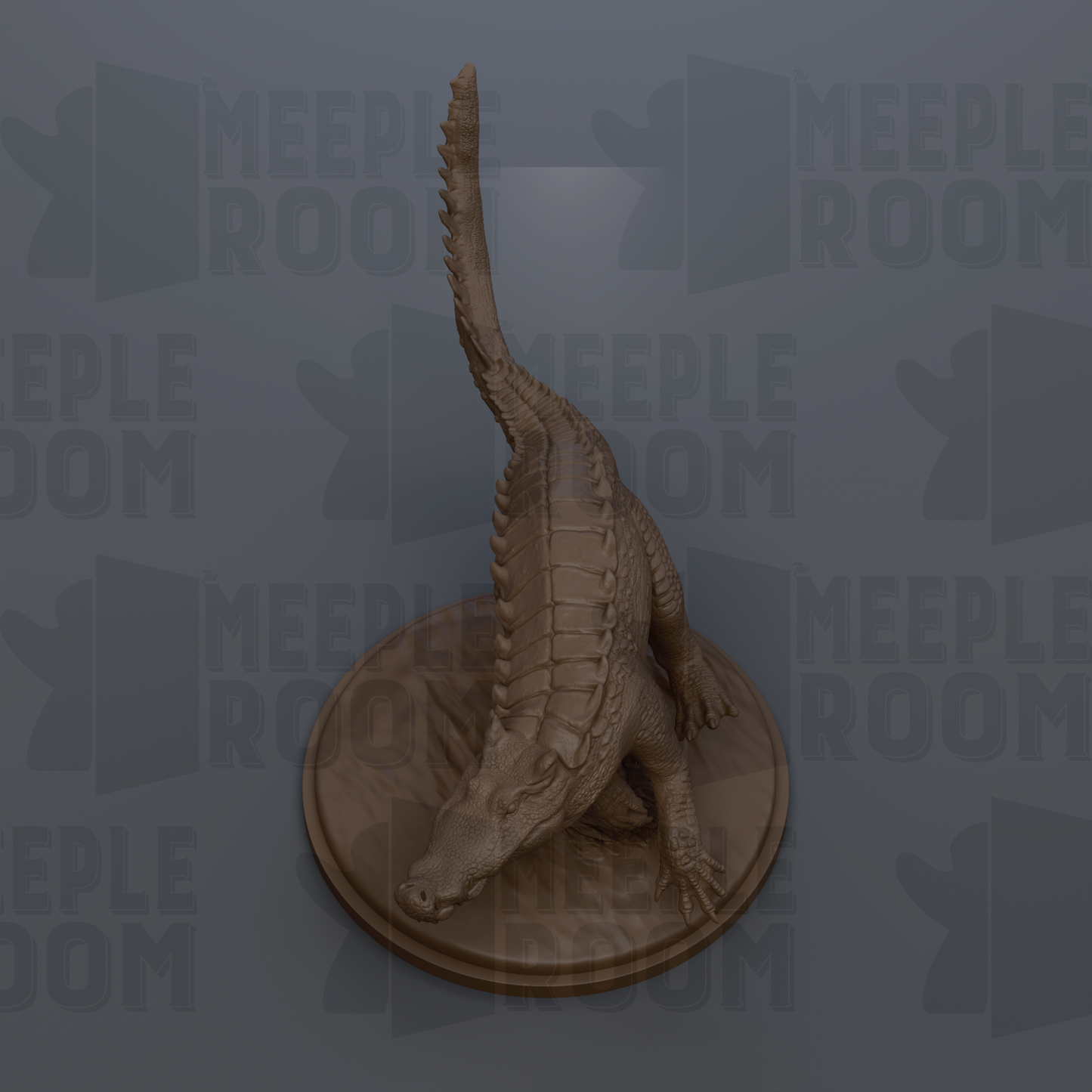 A 3D rendering of a crocodile statue on a circular base, with the background repeating the text "MEIPLLE ROOM" in a pattern.