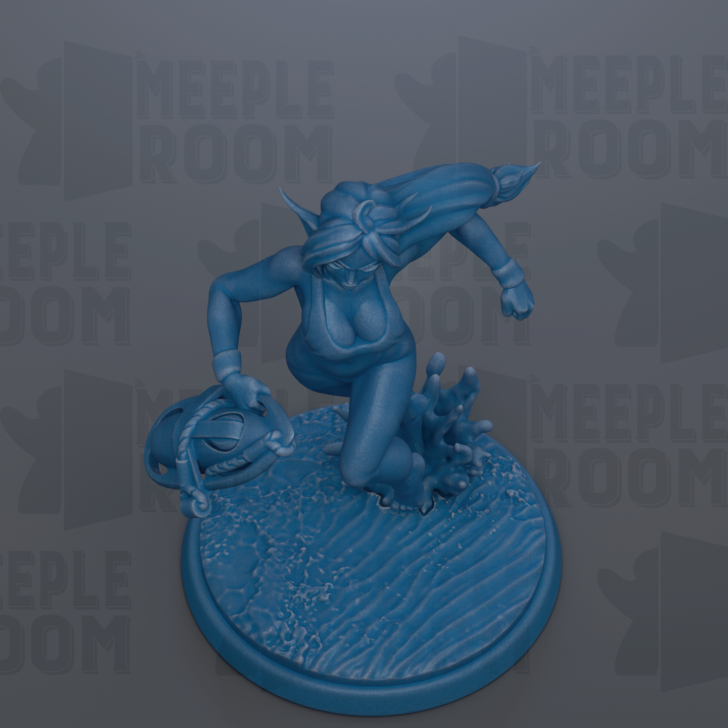 A blue figurine of a woman with long hair and a flowing skirt, standing on a blue base with a wave-like pattern.