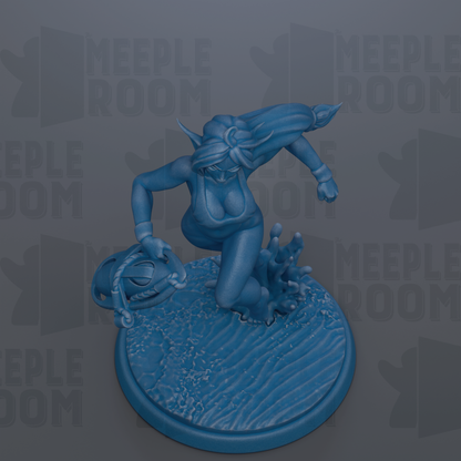 A blue figurine of a woman with long hair and a flowing skirt, standing on a blue base with a wave-like pattern.