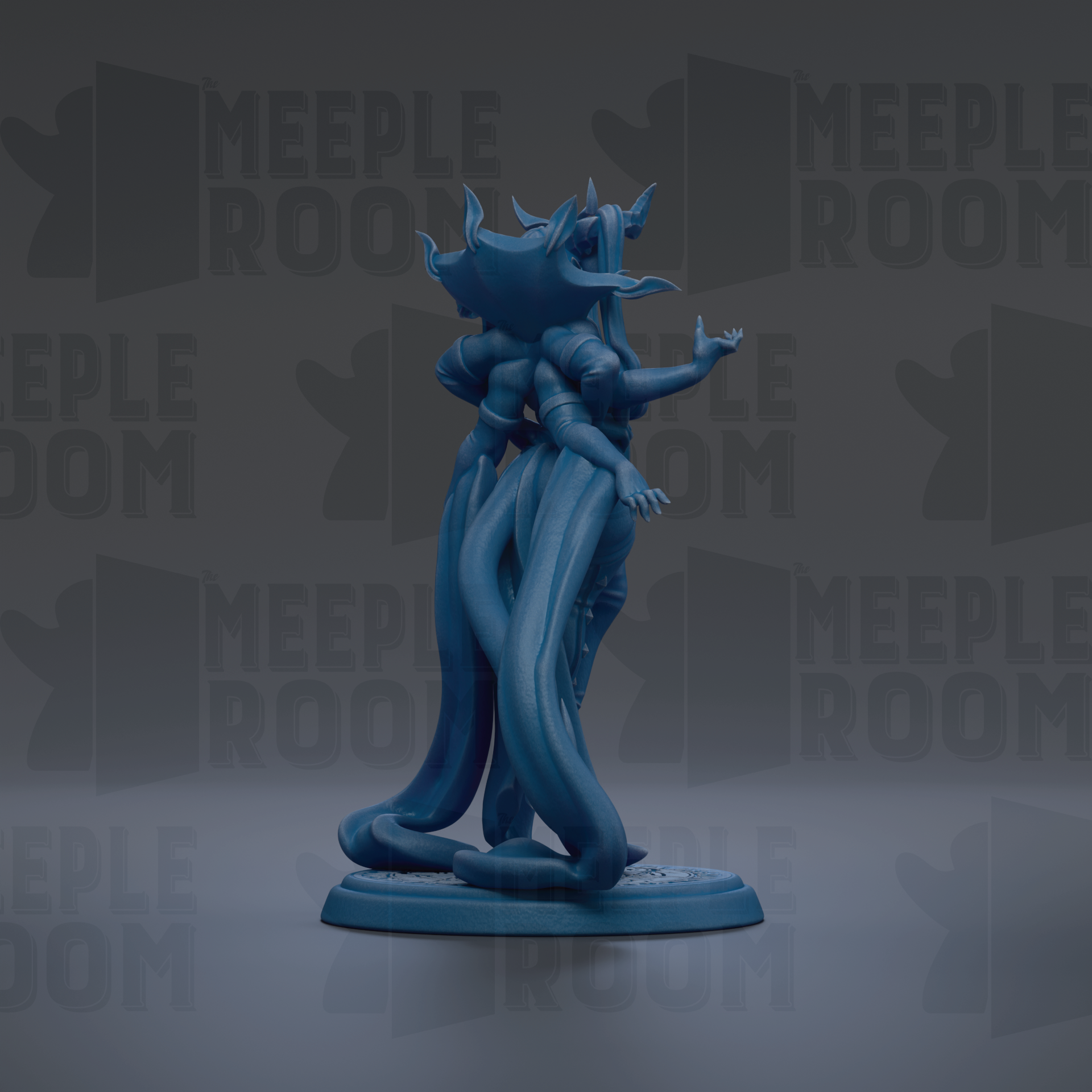 A blue figurine of a fantastical creature with multiple arms and legs, standing on a base.