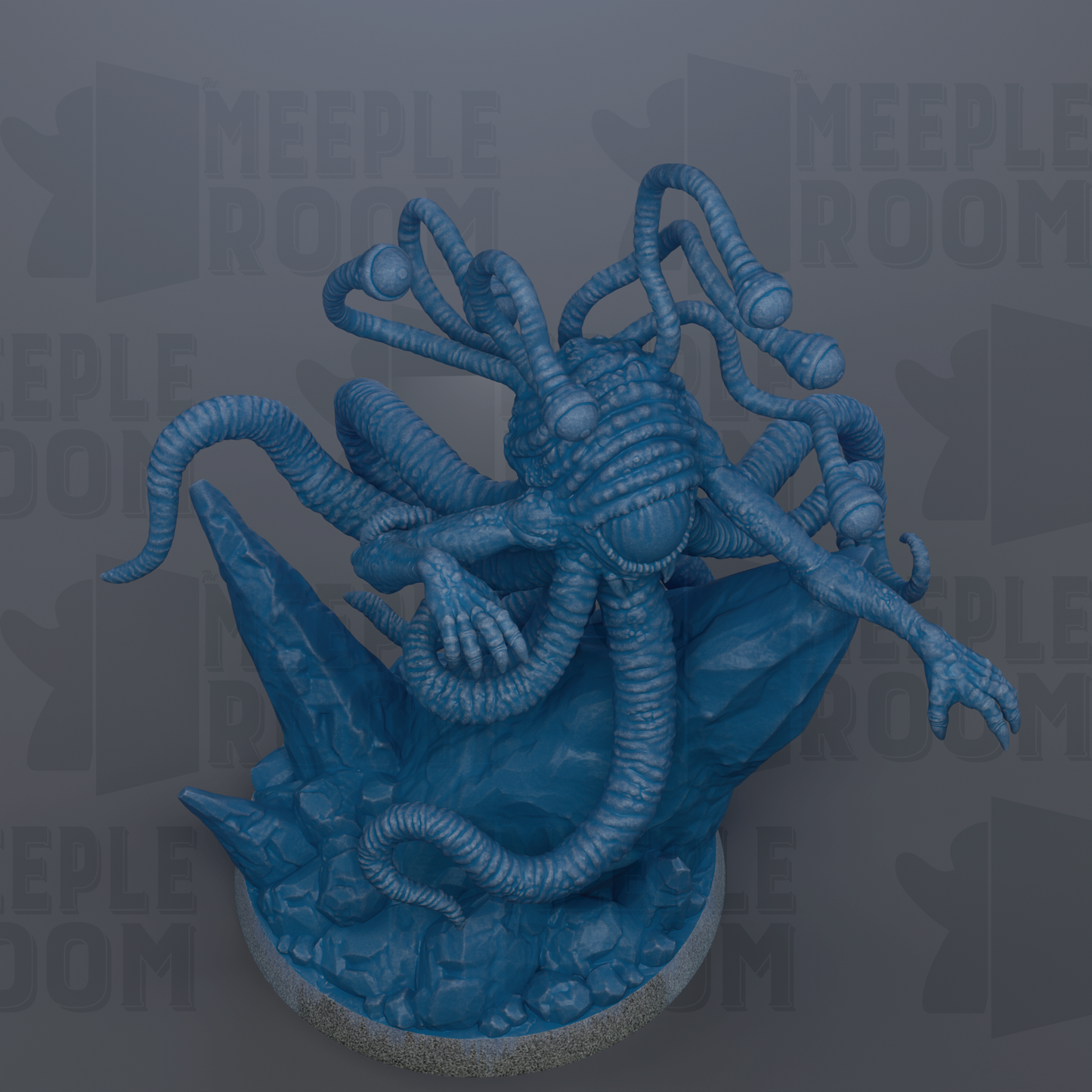 A 3D rendering of a blue, twisted, and elongated creature resembling a snake or serpent, with a large head and multiple tentacles.