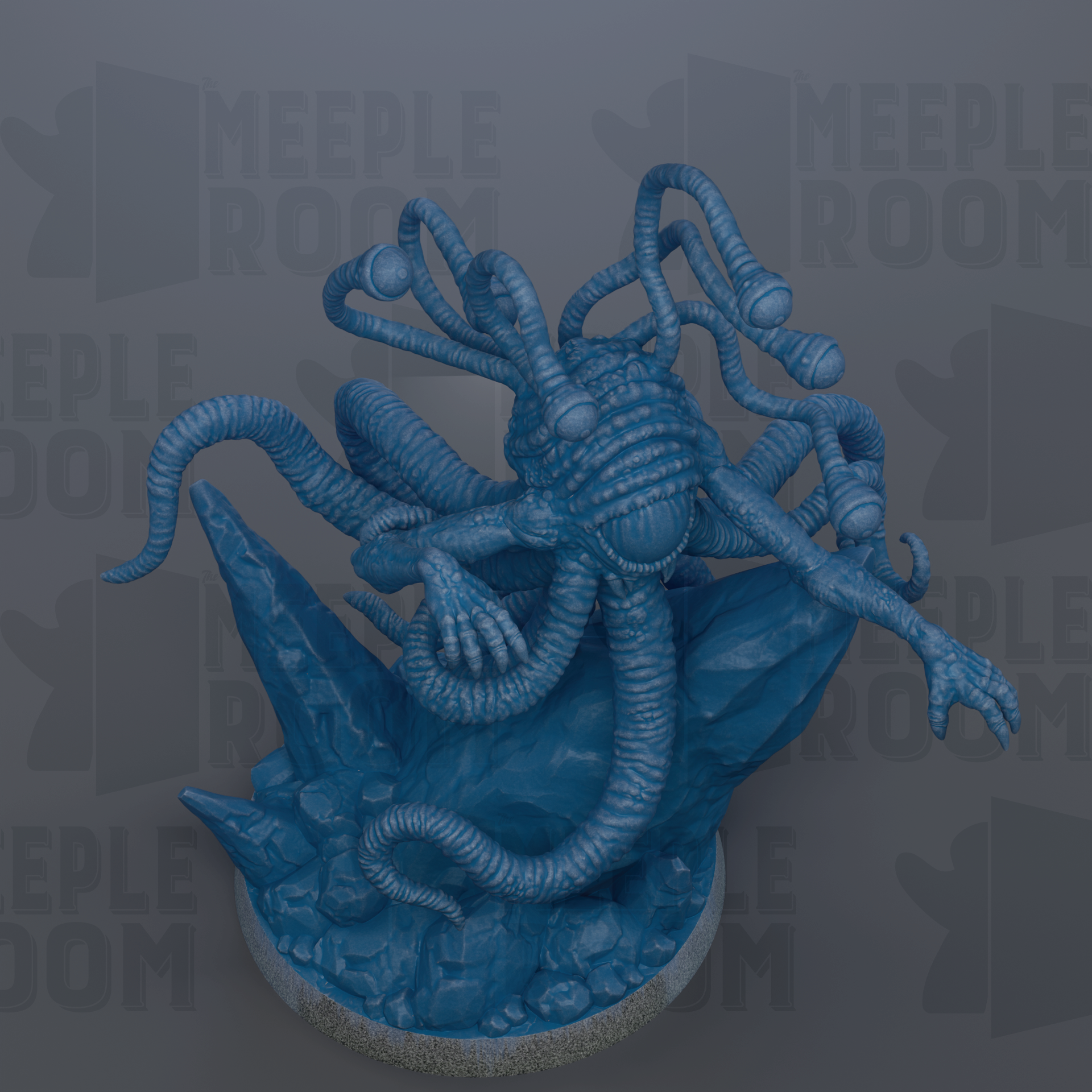 A 3D rendering of a blue, twisted, and elongated creature resembling a snake or serpent, with a large head and multiple tentacles.