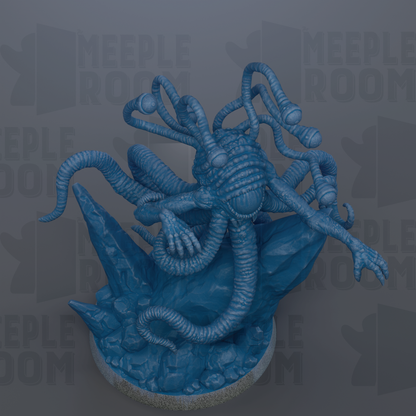 A 3D rendering of a blue, twisted, and elongated creature resembling a snake or serpent, with a large head and multiple tentacles.