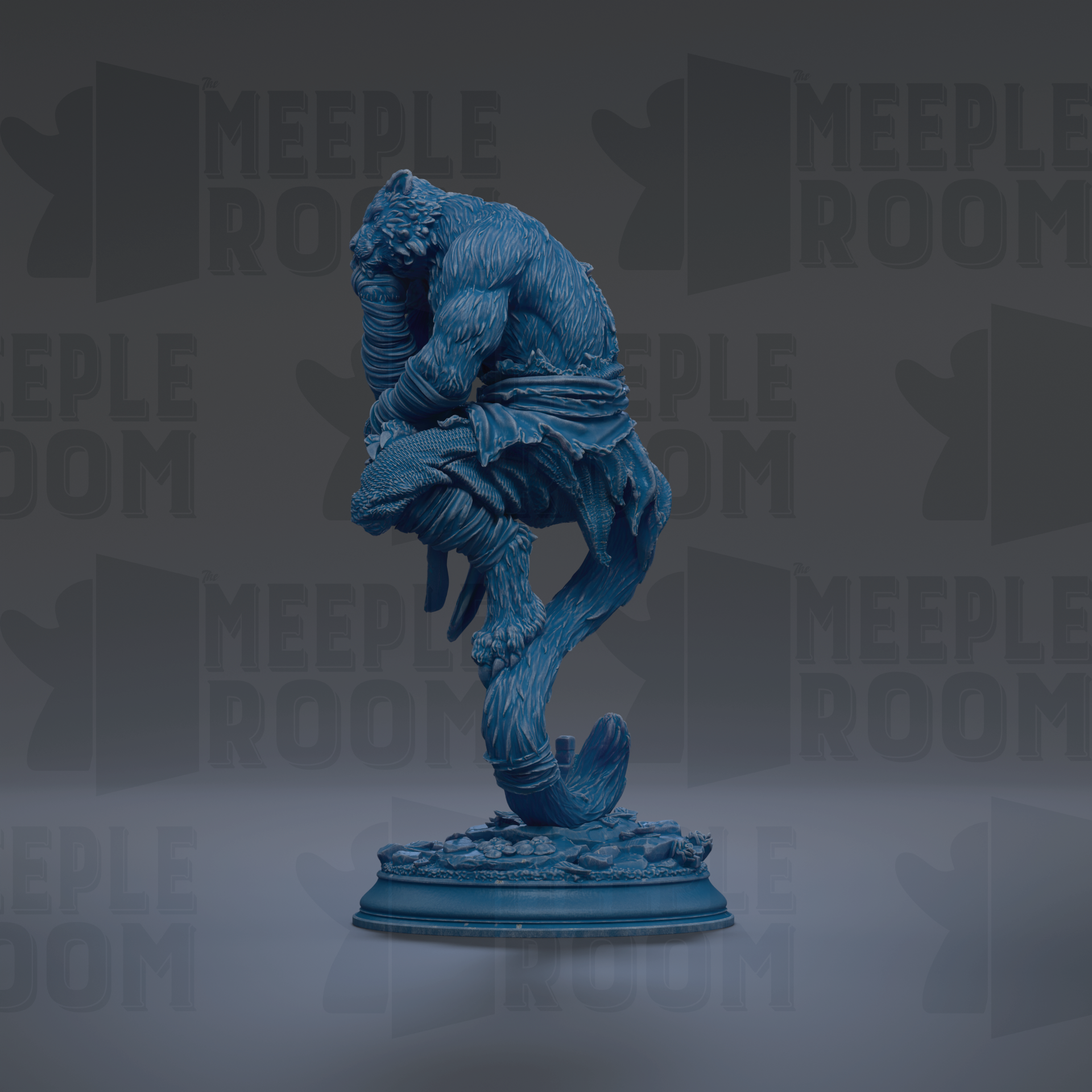A blue statue of a mythical creature, possibly a dragon or serpent, is displayed against a dark background with repeated text.