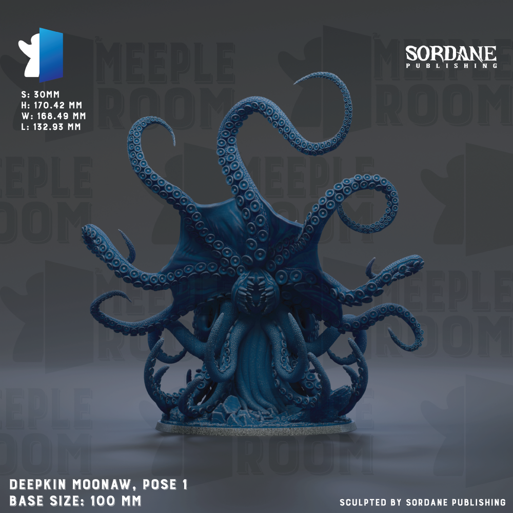 a large, blue, octopus-like creature with tentacles spread out in a pose. The creature appears to be a sculpture or figurine, and it is the main focus of the image. The background is dark, which contrasts with the blue color of the creature and makes it stand out. The image does not contain any text, and it does not depict a scene or a series of images. The creature is the only object in the image, and it is the only object that is clearly visible.
