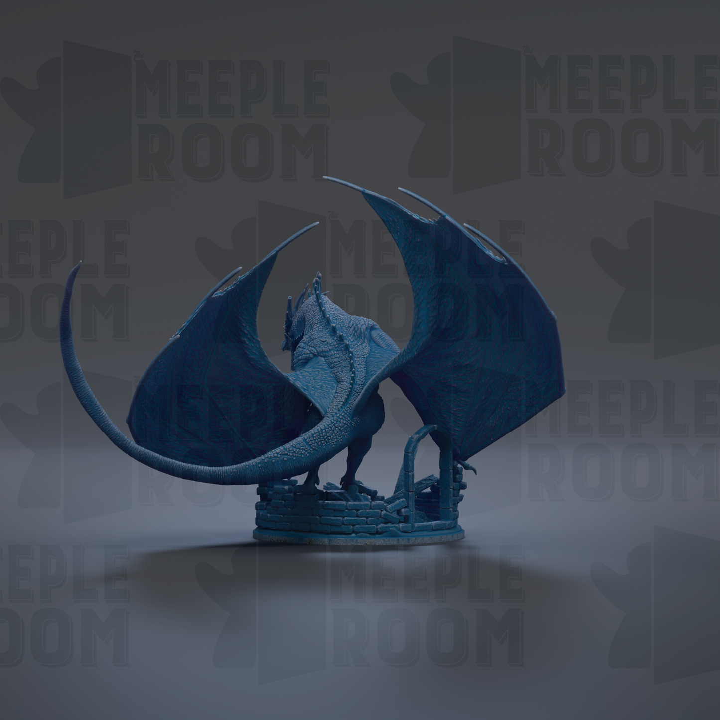 A blue dragon statue with outstretched wings, standing on a base.