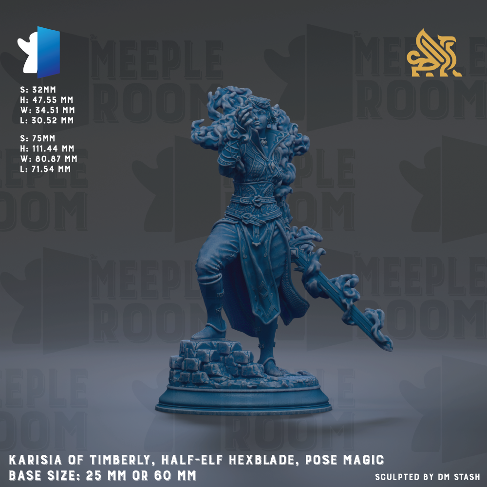 A figurine of a half-elf hex blade, known as the "Karisia of Timberly", is shown in the image. The figurine is described as a pose magic base size of 25mm or 60mm, and it is sculpted by DM Stash.