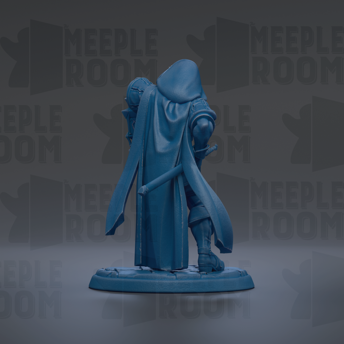 A blue figurine of a person with a hooded cloak, holding a weapon, is displayed against a dark background with repeated text.