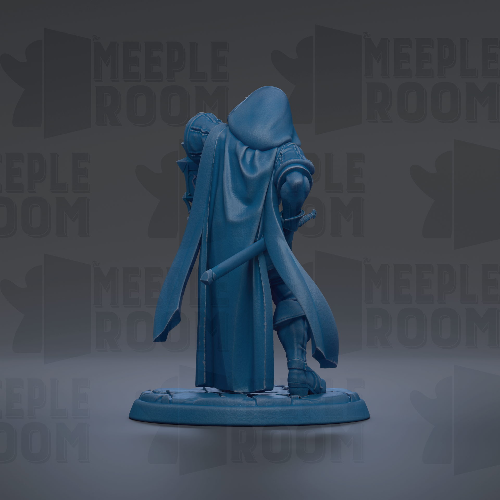 A blue figurine of a person with a hooded cloak, holding a weapon, is displayed against a dark background with repeated text.