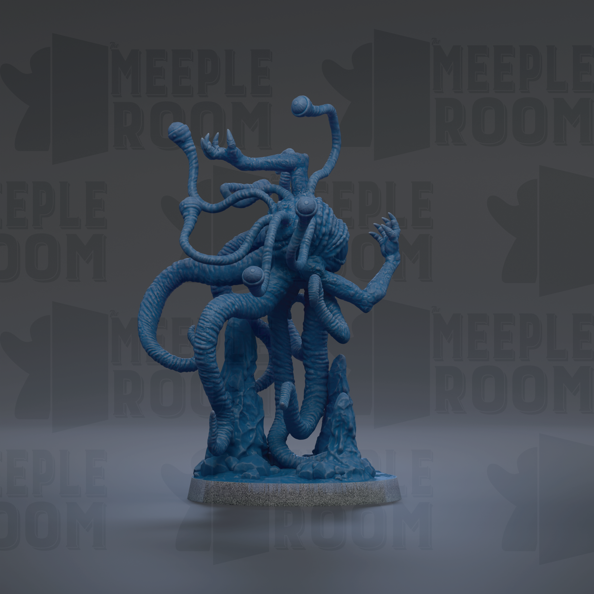 A 3D rendering of a blue, abstract, organic-looking creature with multiple arms and tentacles, standing on a gray base.