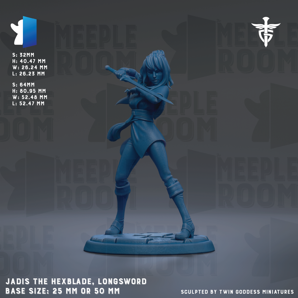 a blue figurine of a female character with a sword, standing on a base. The figurine is described as "Jadis the Hexblade, Longsword" and has a base size of either 25mm or 50mm.