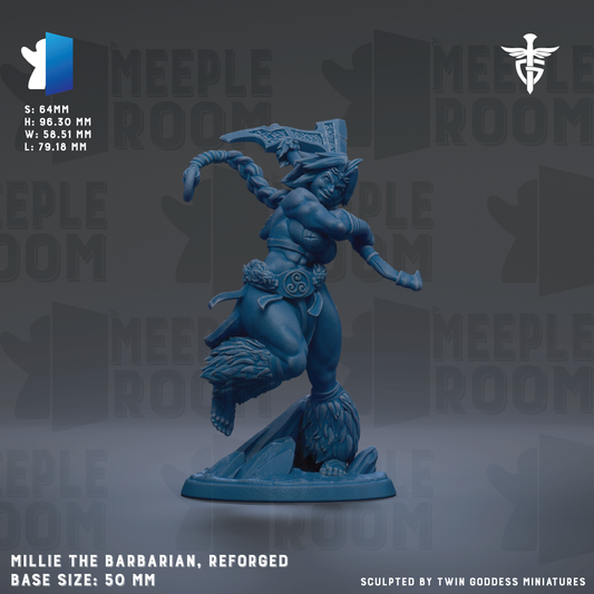 a figurine of a character named "Mille the Barbarian" in a blue color, with a sword in its hand. The figurine is described as "Reforged" and "Base Size: 50mm".