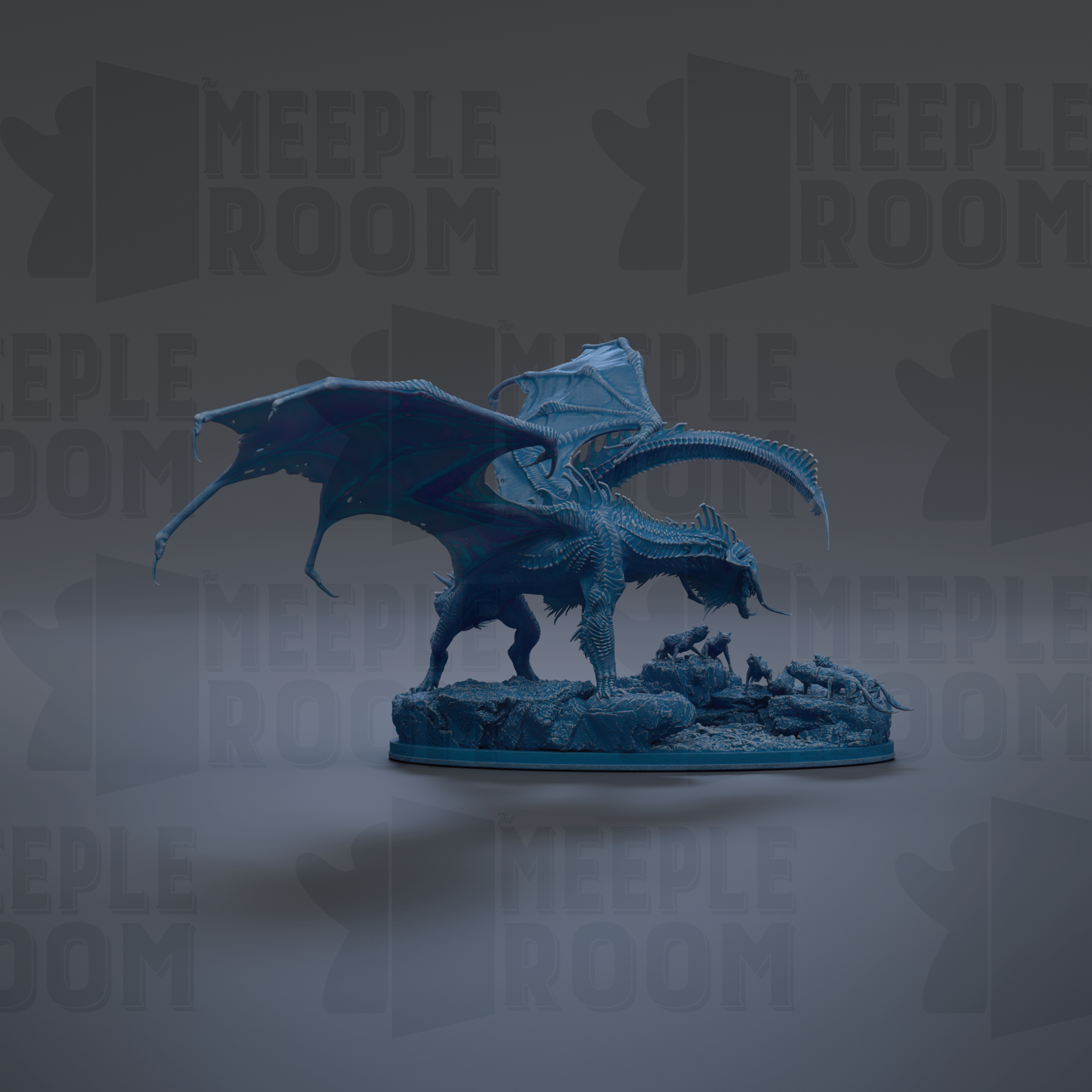 A 3D model of a blue dragon statue with wings spread, standing on a rock formation.
