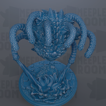 A detailed 3D rendering of a blue, fantastical creature with multiple arms and sharp teeth, standing on a circular base.