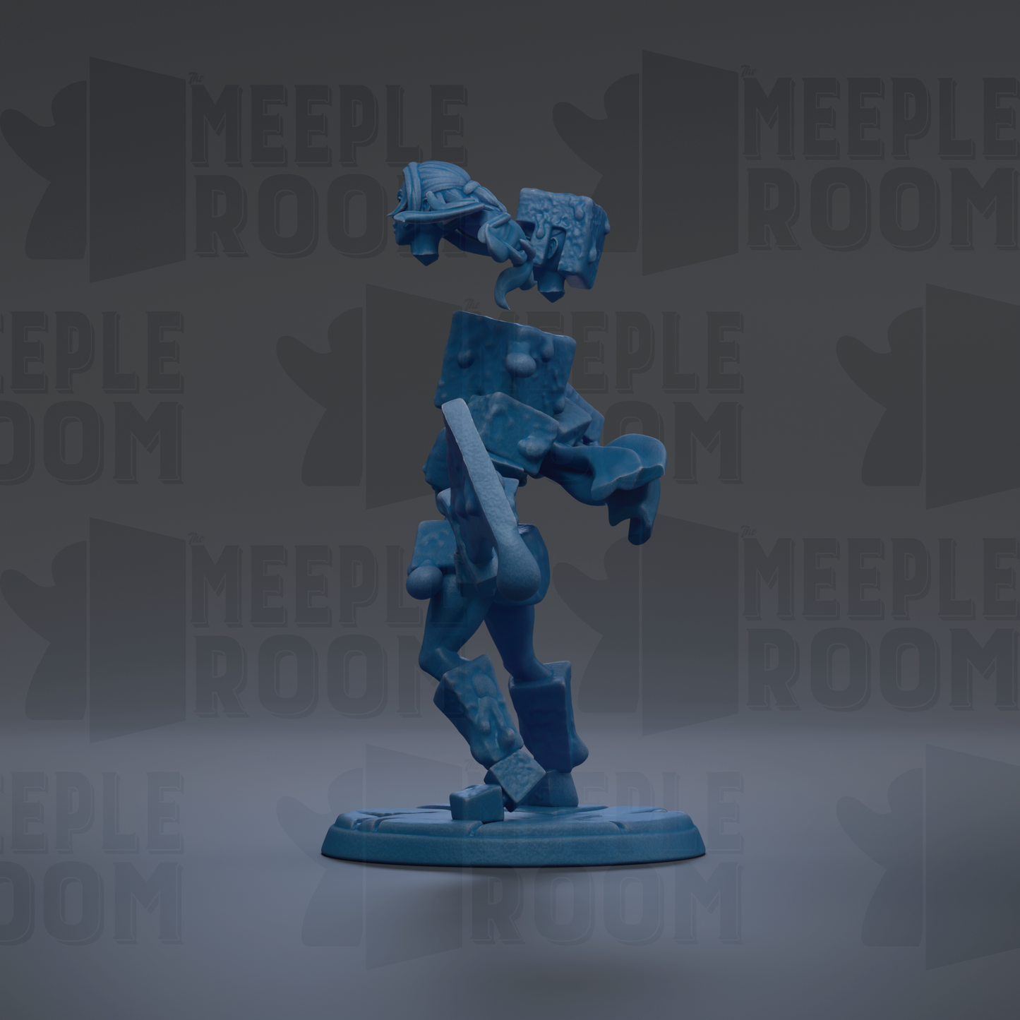 A blue, abstract figurine with a textured, organic appearance stands on a base against a dark background with repeated "MEIPLLE ROOM" text.