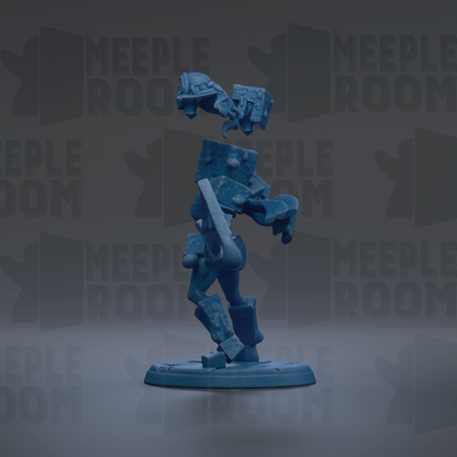 A blue, abstract figurine with a textured, organic appearance stands on a base against a dark background with repeated "MEIPLLE ROOM" text.