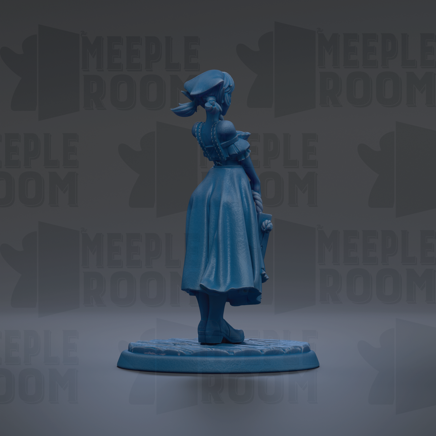 A blue figurine of a woman standing on a base, with the text "MEUPLE ROOM" repeated in the background.