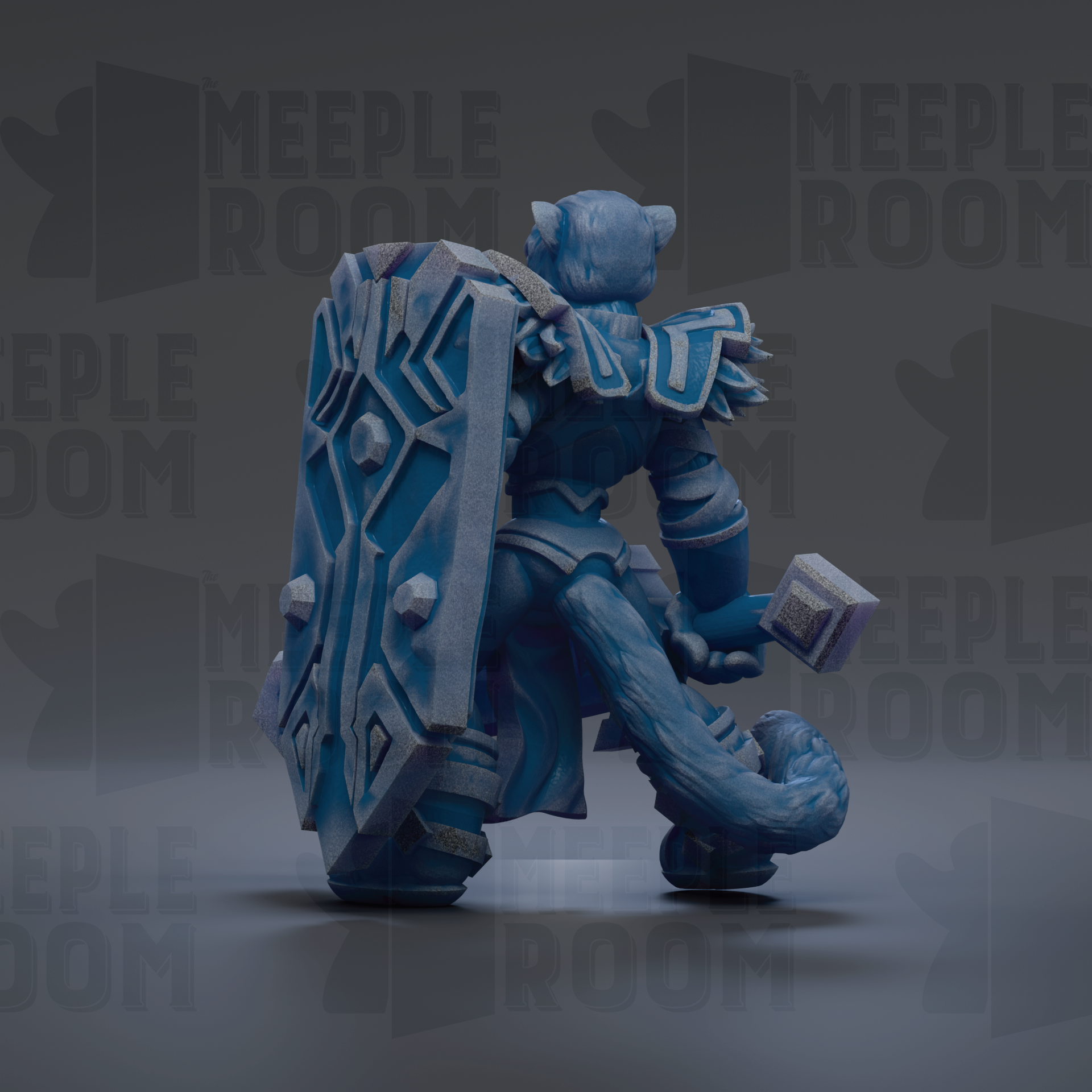 A blue, armored figure holding a shield and a weapon, standing against a dark background with repeated text.