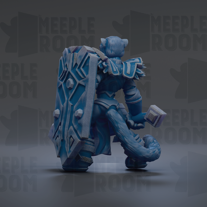 A blue, armored figure holding a shield and a weapon, standing against a dark background with repeated text.