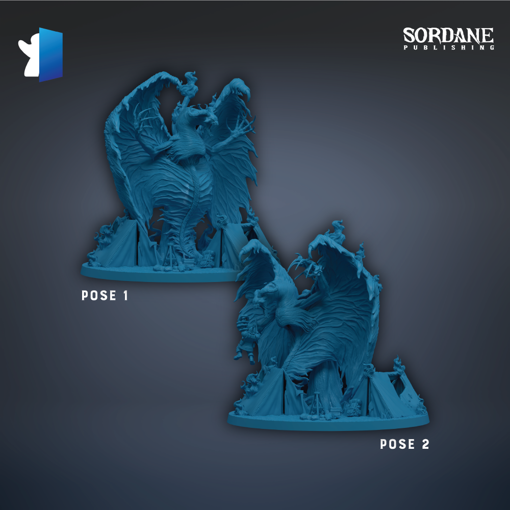 two blue sculptures of a winged creature, possibly a dragon or mythical creature, set against a dark background.