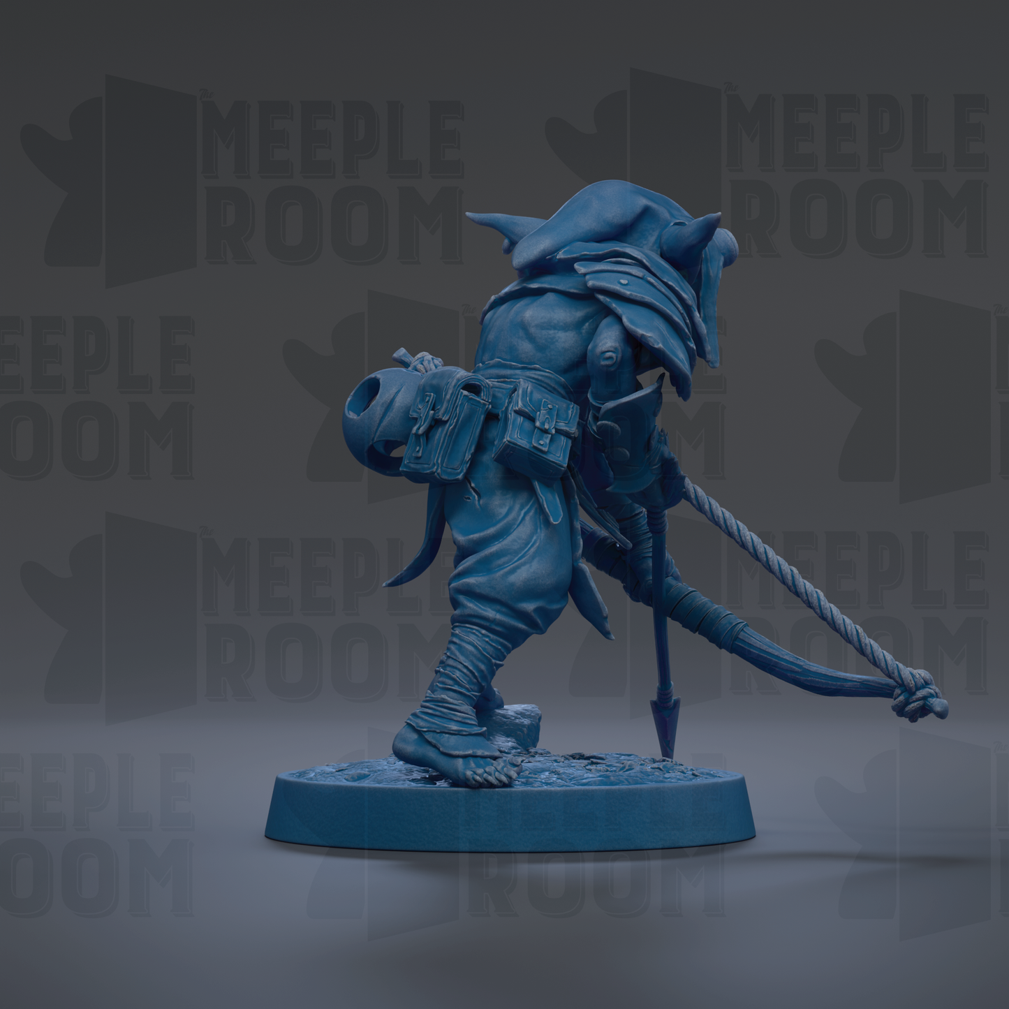 A blue figurine of a warrior-like character with a pointed hat and a sword, standing on a platform.
