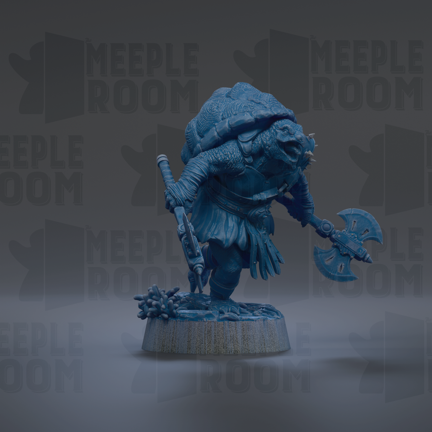 A blue figurine of a creature with a large head and a long neck, holding a weapon and standing on a base.