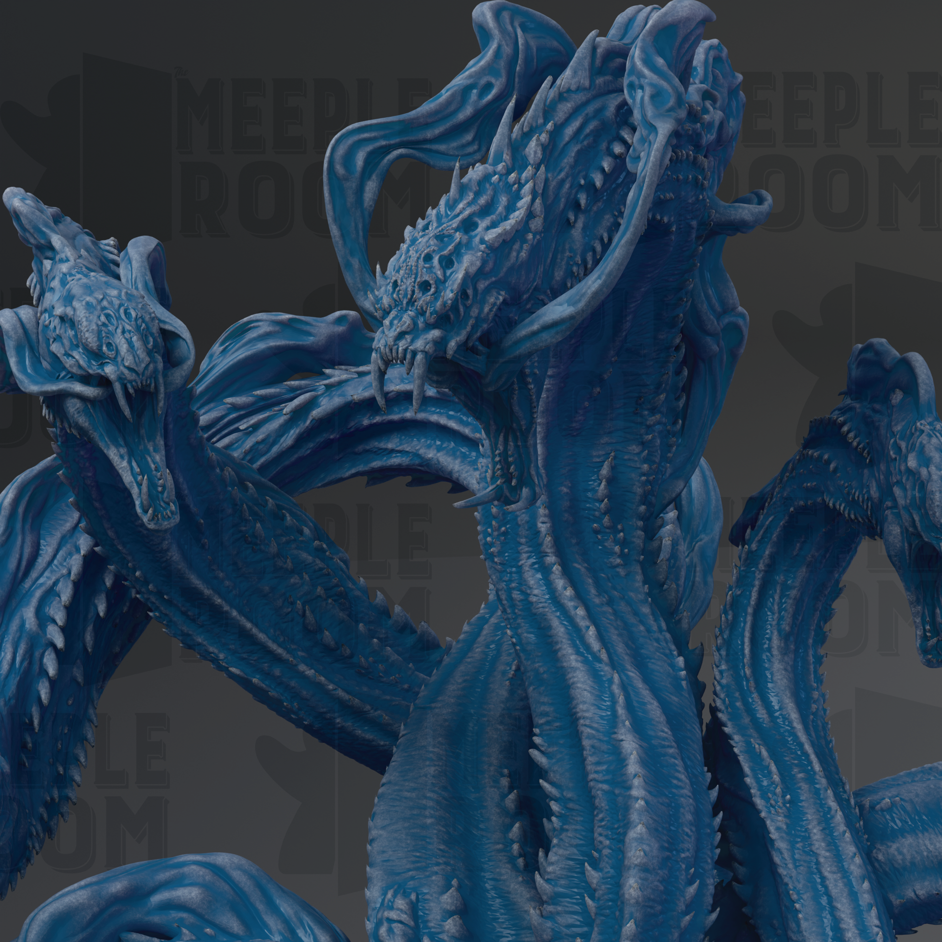 A close-up view of a large, intricate blue dragon sculpture with multiple heads and sharp teeth.