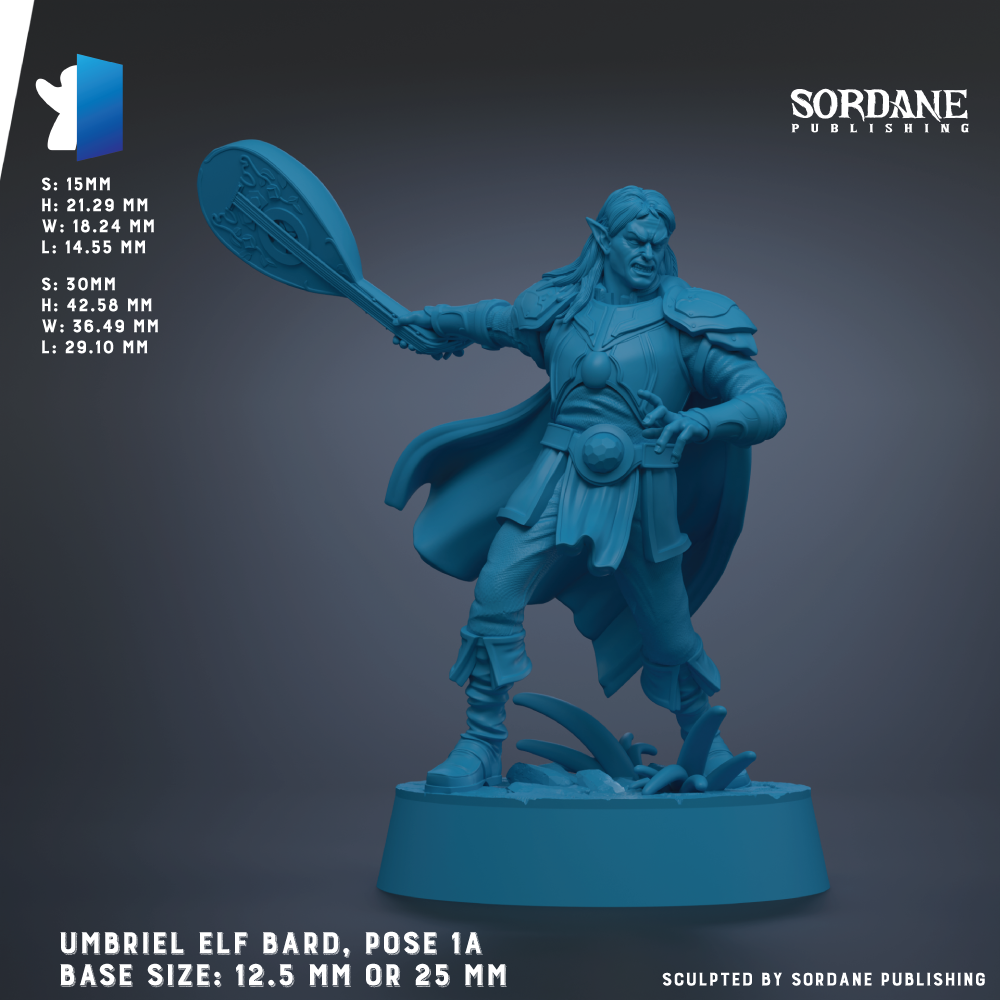 The image is a 3D rendering of a blue elf bard statue, posed in a dynamic fighting stance with a sword in hand. The statue is set against a dark background, and the image is described as a "base size: 12.5 mm" or "base size: 25 mm" depending on the perspective. The statue is titled "Umbriel Elf Bard, pose 1" and is described as a "sculpted by Sordane Publishing" piece.