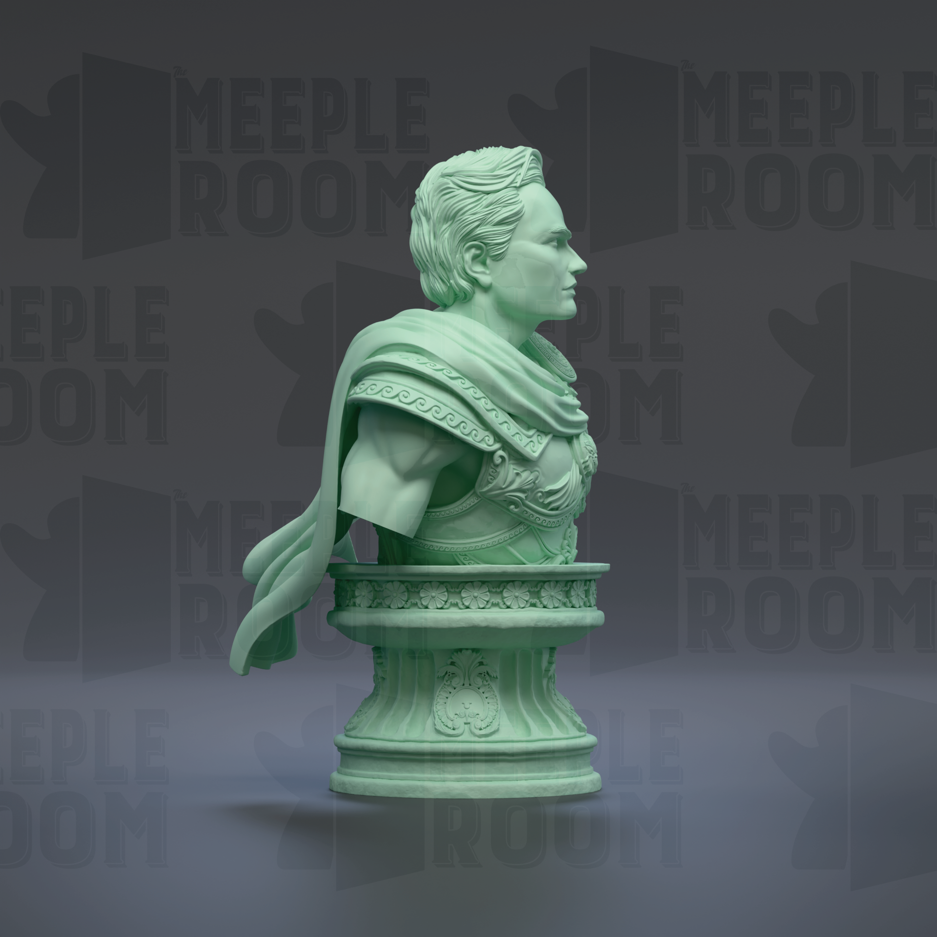 A green bust of a person, possibly a historical figure, displayed on a pedestal against a dark background with repeated text.