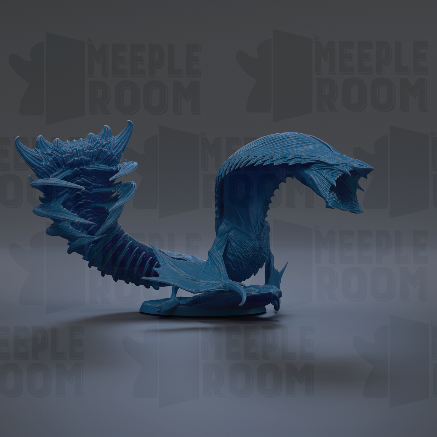 A blue, 3D-rendered creature resembling a snake or serpent, with a curled body and sharp teeth, is the central focus of the image.