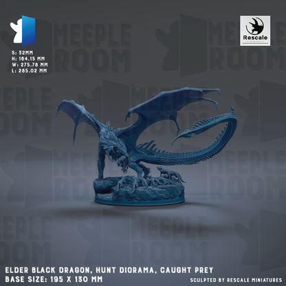 The image is a 3D rendering of a black dragon figurine, specifically a hunt diorama, which is a type of miniature model used in tabletop roleplaying games. The dragon is depicted in a dynamic pose, with its wings spread wide and its tail curled around its body. The dragon is shown in a realistic style, with intricate details and a lifelike appearance. The image is described as a "base size: 95 x 130 mm" and is "sculpted by RESCALE MINIATURES".